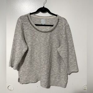 Sunday women 3/4 sleeves round embellished neckline taupe greige sweater
